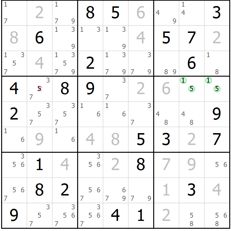 Position des candidats pour la solution de la Gr 71 page 74 du magazine de sudoku Virtuose n° 105