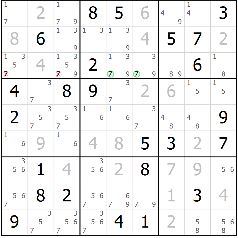 Position des candidats pour la solution de la Gr 71 page 74 du magazine de sudoku Virtuose n° 105