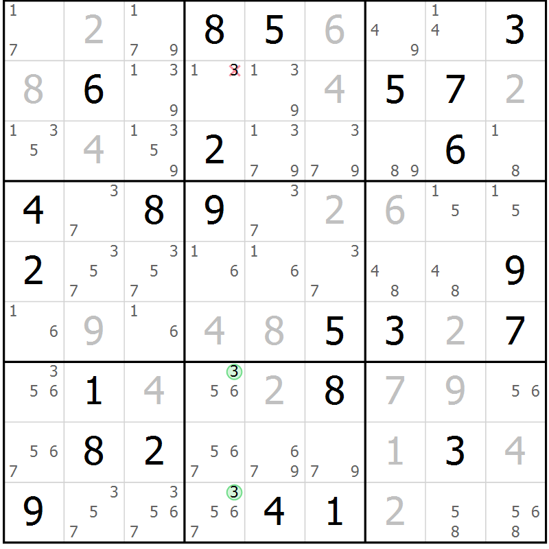 Position des candidats pour la solution de la Gr 71 page 74 du magazine de sudoku Virtuose n° 105