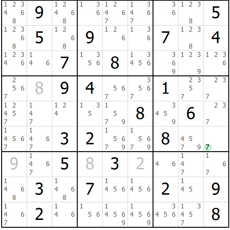 Position des candidats pour la solution de la Gr 72 page 75 du magazine de sudoku Virtuose n° 105