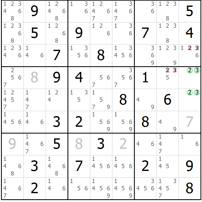 Position des candidats pour la solution de la Gr 72 page 75 du magazine de sudoku Virtuose n° 105