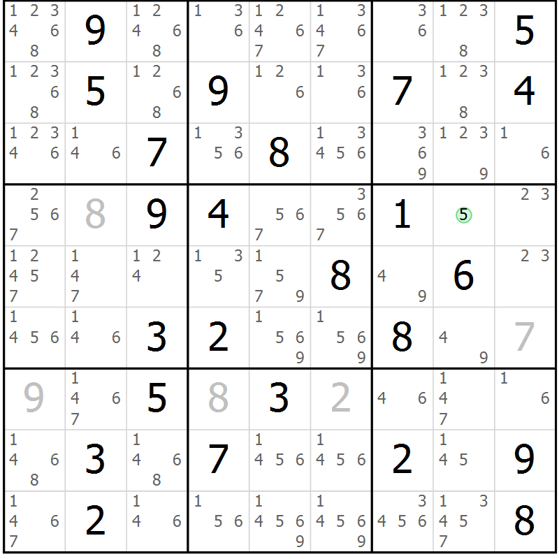 Position des candidats pour la solution de la Gr 72 page 75 du magazine de sudoku Virtuose n° 105