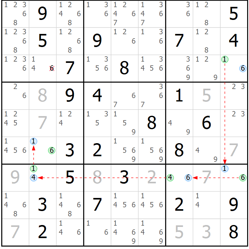 Position des candidats pour la solution de la Gr 72 page 75 du magazine de sudoku Virtuose n° 105