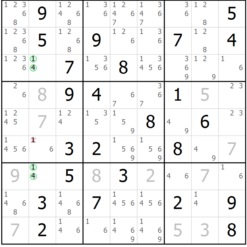 Position des candidats pour la solution de la Gr 72 page 75 du magazine de sudoku Virtuose n° 105