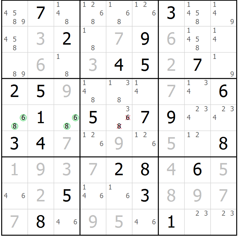 Position des candidats pour la solution de la Gr 73 page 76 du magazine de sudoku Virtuose n° 105