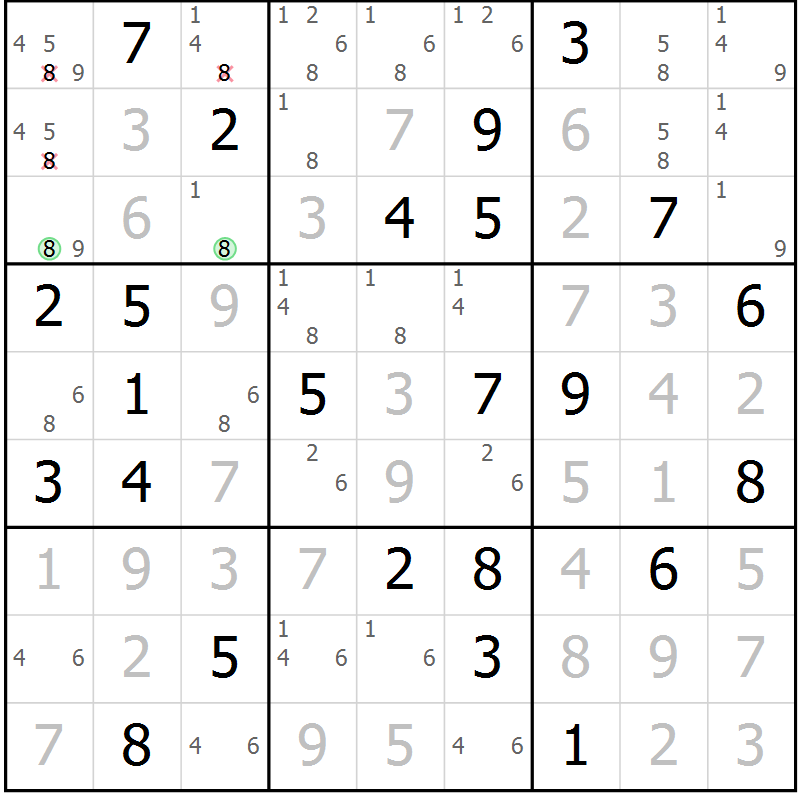 Position des candidats pour la solution de la Gr 73 page 76 du magazine de sudoku Virtuose n° 105