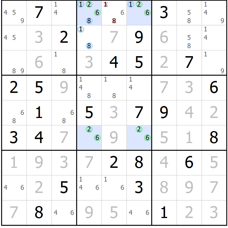 Position des candidats pour la solution de la Gr 73 page 76 du magazine de sudoku Virtuose n° 105