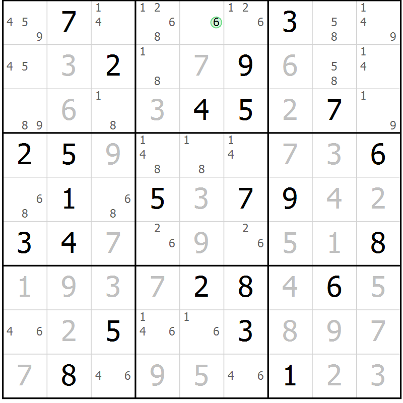 Position des candidats pour la solution de la Gr 73 page 76 du magazine de sudoku Virtuose n° 105