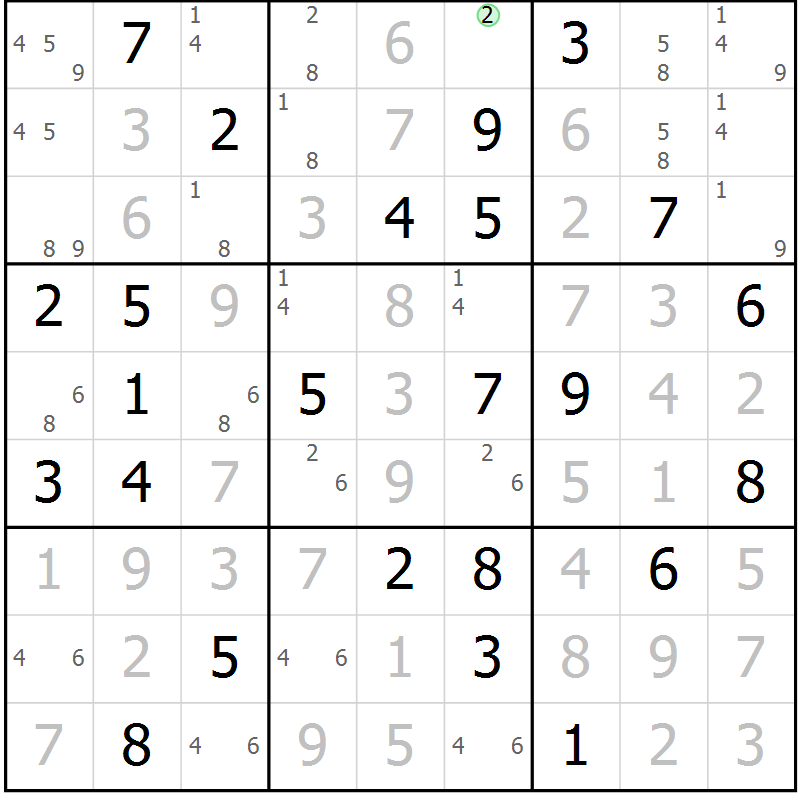 Position des candidats pour la solution de la Gr 73 page 76 du magazine de sudoku Virtuose n° 105