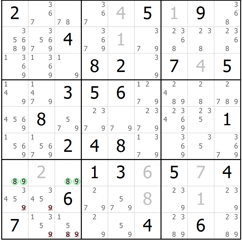 Position des candidats pour la solution de la Gr 74 page 77 du magazine de sudoku Virtuose n° 105