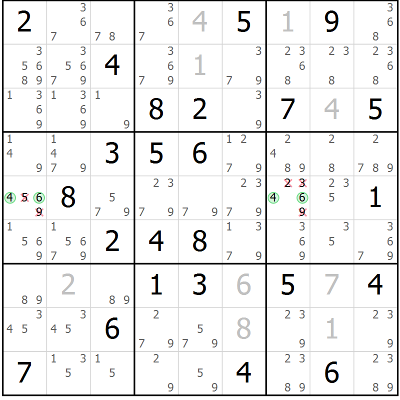 Position des candidats pour la solution de la Gr 74 page 77 du magazine de sudoku Virtuose n° 105