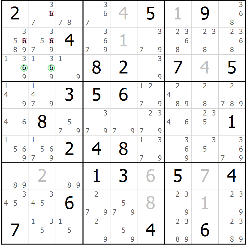 Position des candidats pour la solution de la Gr 74 page 77 du magazine de sudoku Virtuose n° 105