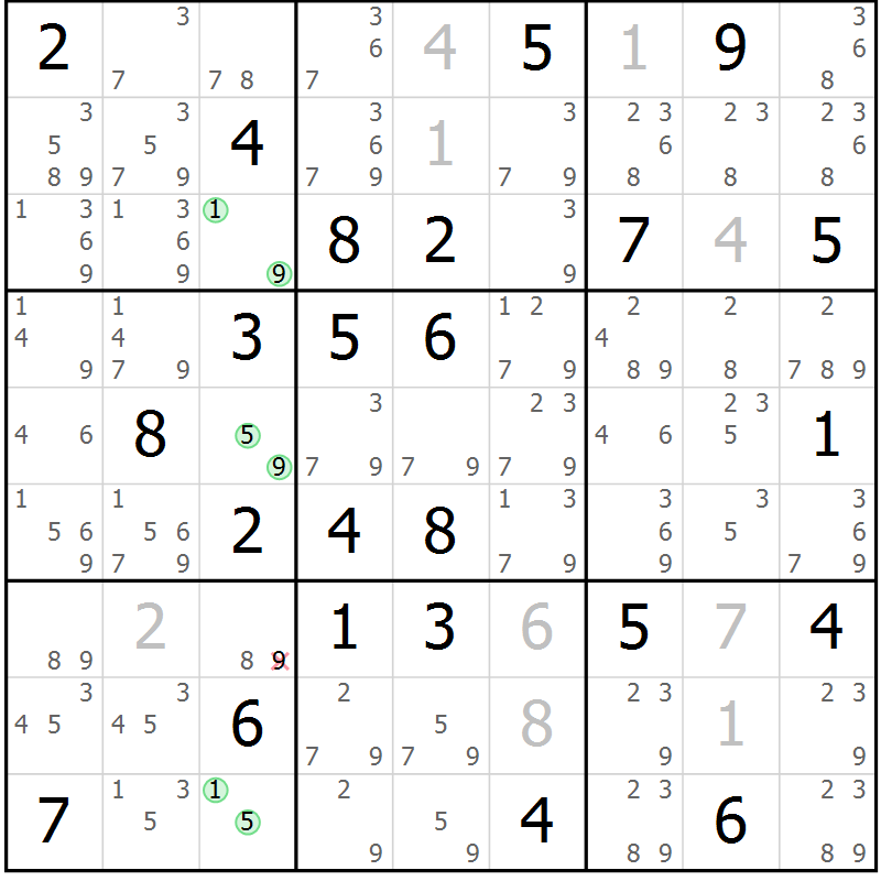Position des candidats pour la solution de la Gr 74 page 77 du magazine de sudoku Virtuose n° 105