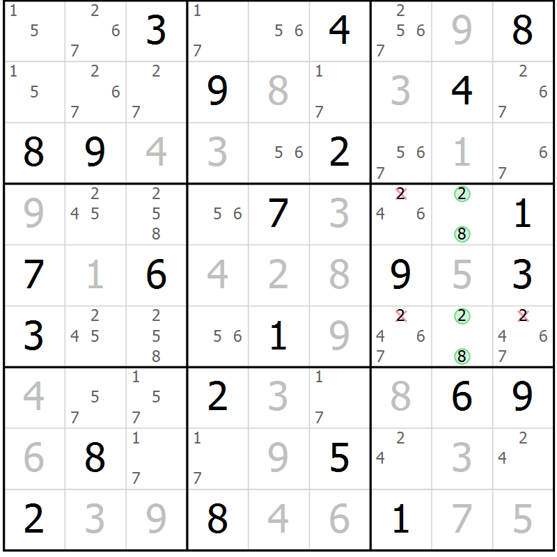 Position des candidats pour la solution de la Gr 75 page 78 du magazine de sudoku Virtuose n° 105