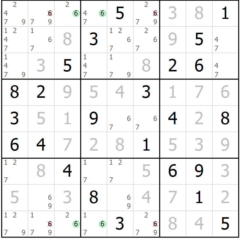 Position des candidats pour la solution de la Gr 76 page 79 du magazine de sudoku Virtuose n° 105