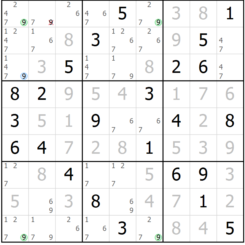 Position des candidats pour la solution de la Gr 76 page 79 du magazine de sudoku Virtuose n° 105