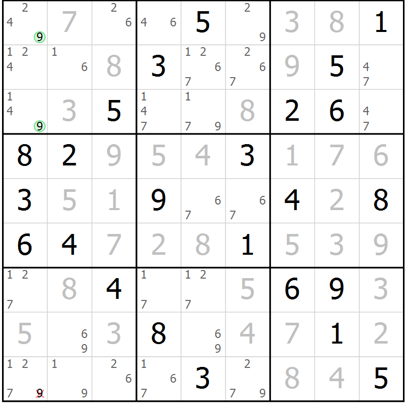 Position des candidats pour la solution de la Gr 76 page 79 du magazine de sudoku Virtuose n° 105