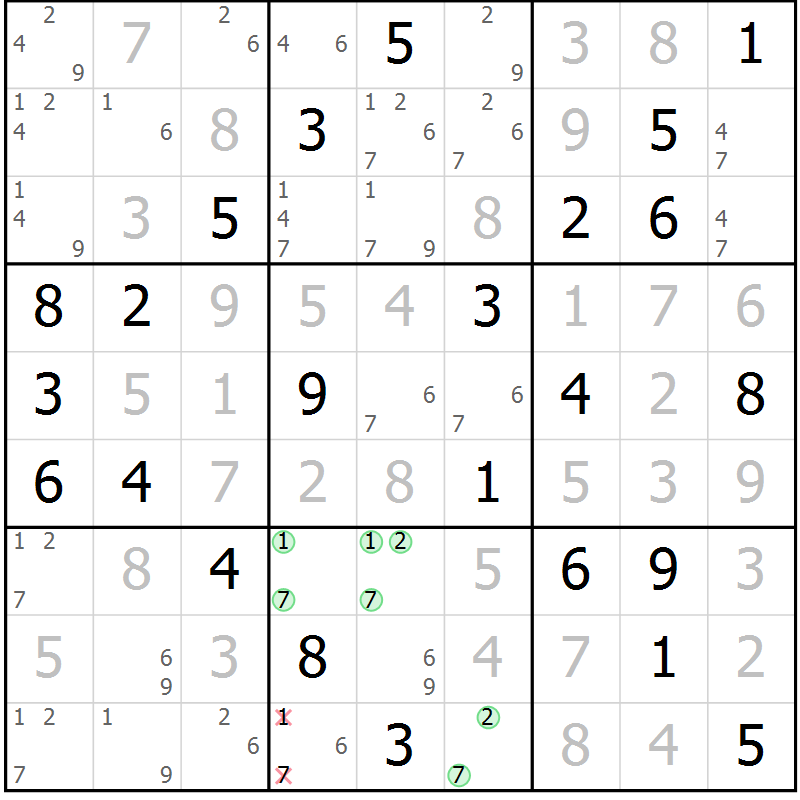 Position des candidats pour la solution de la Gr 76 page 79 du magazine de sudoku Virtuose n° 105