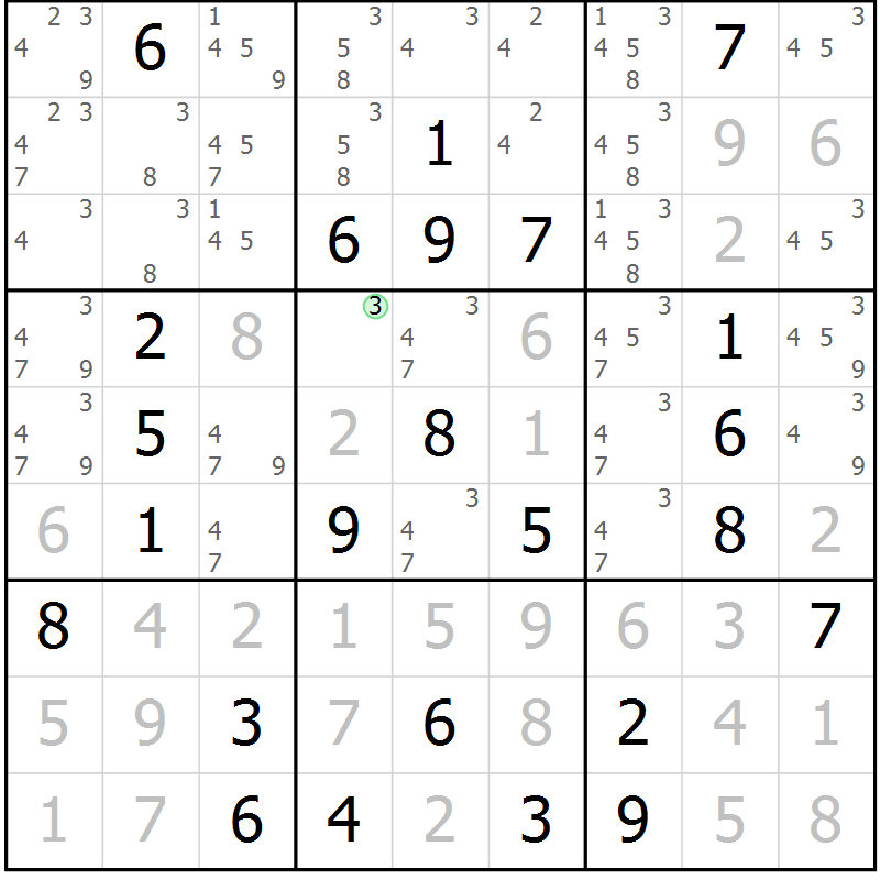 Position des candidats pour la solution de la Gr 77 page 80 du magazine de sudoku Virtuose n° 105