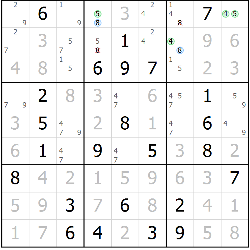 Position des candidats pour la solution de la Gr 77 page 80 du magazine de sudoku Virtuose n° 105