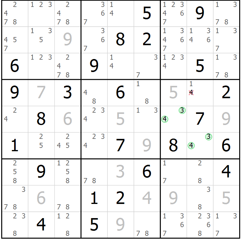 Position des candidats pour la solution de la Gr 78 page 81 du magazine de sudoku Virtuose n° 105