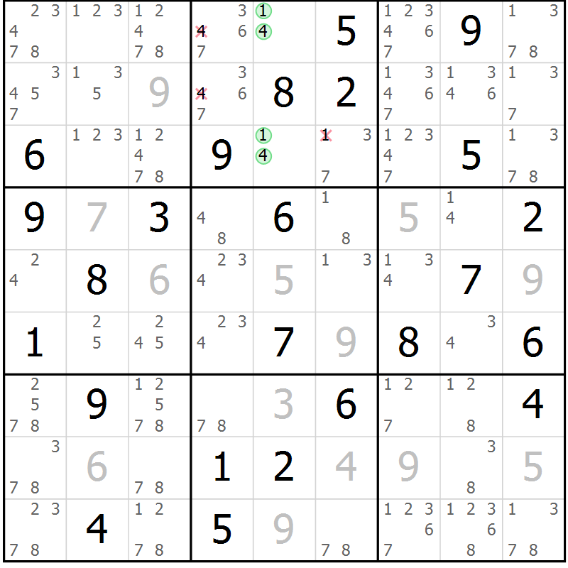 Position des candidats pour la solution de la Gr 78 page 81 du magazine de sudoku Virtuose n° 105