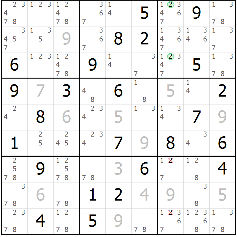 Position des candidats pour la solution de la Gr 78 page 81 du magazine de sudoku Virtuose n° 105