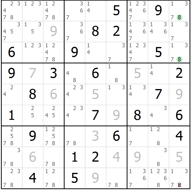 Position des candidats pour la solution de la Gr 78 page 81 du magazine de sudoku Virtuose n° 105