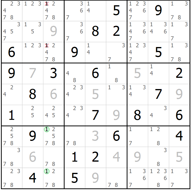 Position des candidats pour la solution de la Gr 78 page 81 du magazine de sudoku Virtuose n° 105