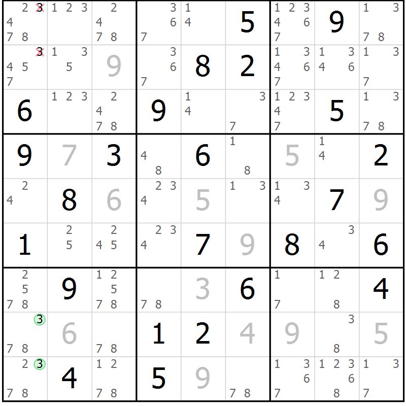 Position des candidats pour la solution de la Gr 78 page 81 du magazine de sudoku Virtuose n° 105