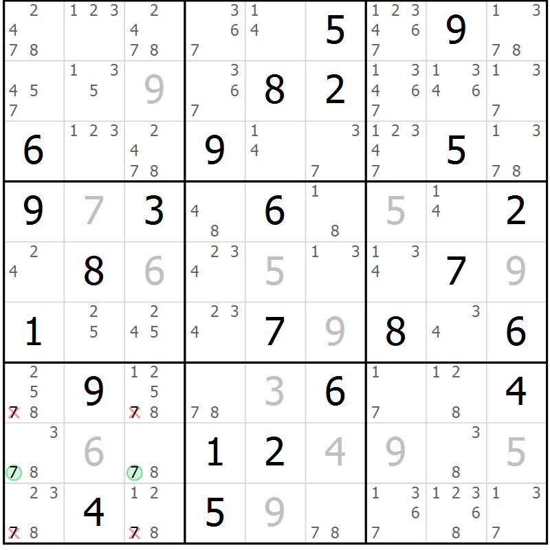 Position des candidats pour la solution de la Gr 78 page 81 du magazine de sudoku Virtuose n° 105
