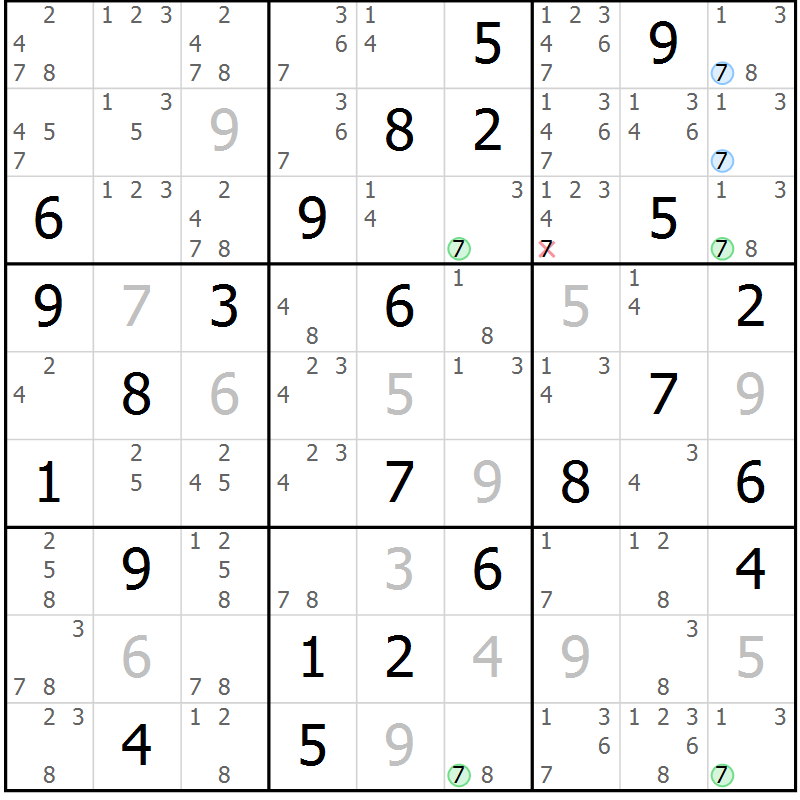 Position des candidats pour la solution de la Gr 78 page 81 du magazine de sudoku Virtuose n° 105