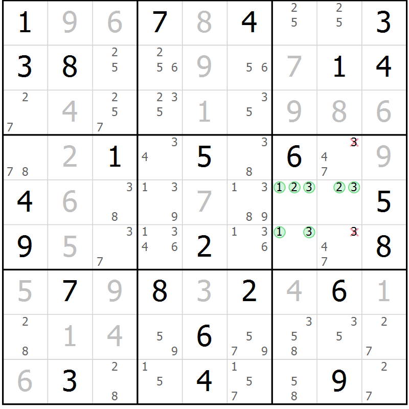 Position des candidats pour la solution de la Gr 79 page 82 du magazine de sudoku Virtuose n° 105