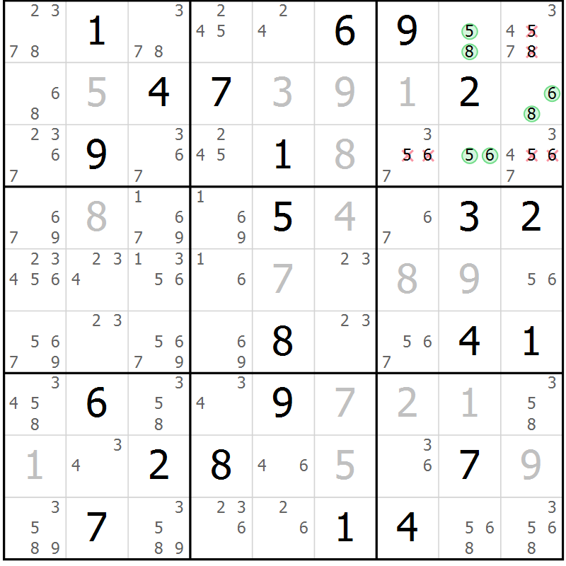 Position des candidats pour la solution de la Gr 8 page 11 du magazine de sudoku Virtuose n° 105