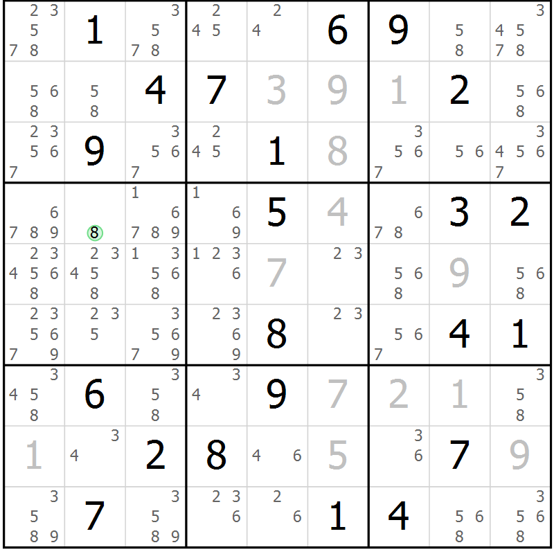 Position des candidats pour la solution de la Gr 8 page 11 du magazine de sudoku Virtuose n° 105