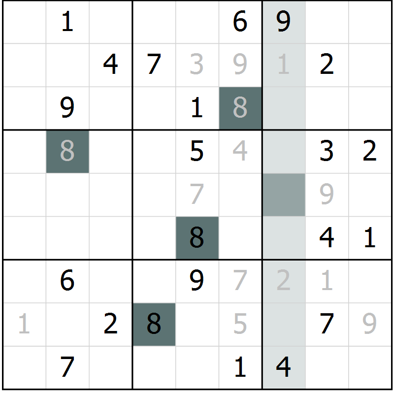 Position des candidats pour la solution de la Gr 8 page 11 du magazine de sudoku Virtuose n° 105