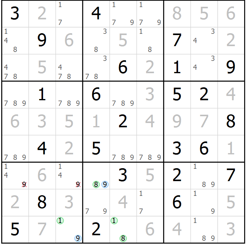 Position des candidats pour la solution de la Gr 81 page 84 du magazine de sudoku Virtuose n° 105