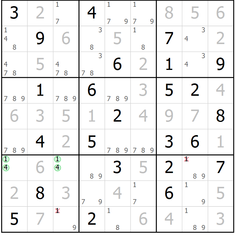 Position des candidats pour la solution de la Gr 81 page 84 du magazine de sudoku Virtuose n° 105