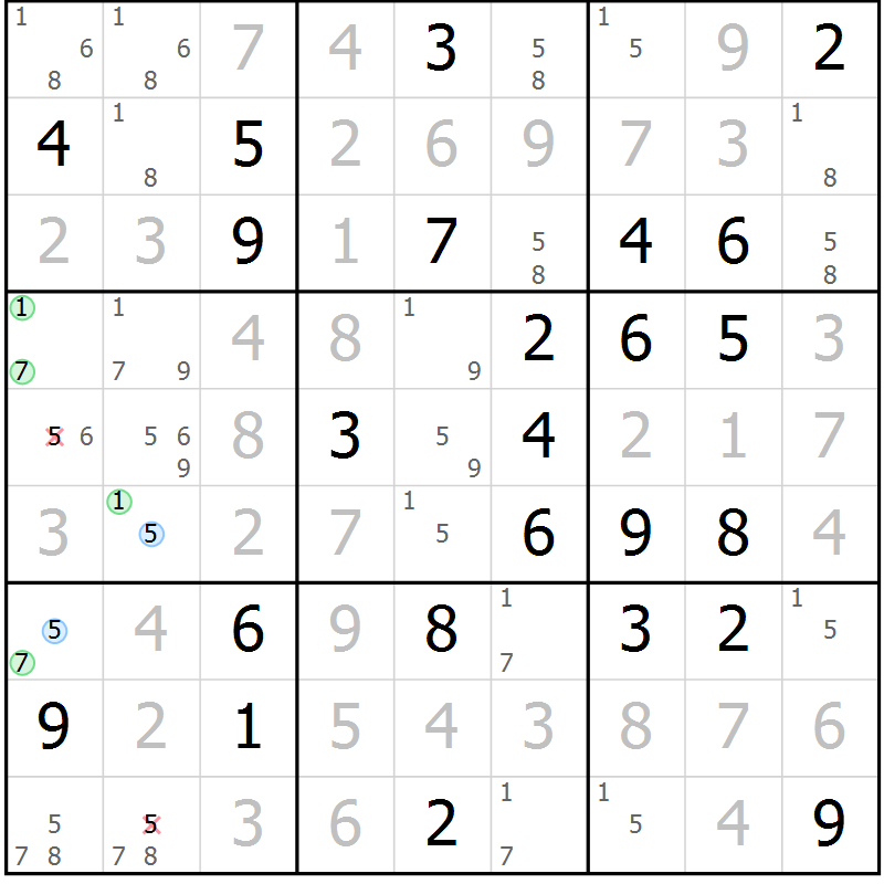 Position des candidats pour la solution de la Gr 82 page 85 du magazine de sudoku Virtuose n° 105