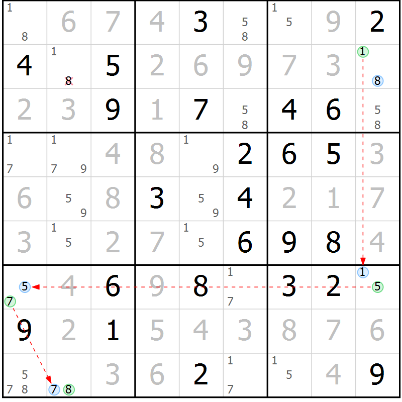 Position des candidats pour la solution de la Gr 82 page 85 du magazine de sudoku Virtuose n° 105