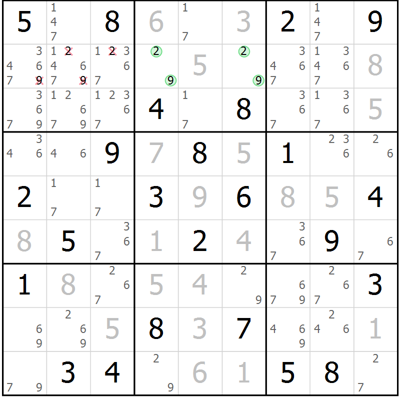 Position des candidats pour la solution de la Gr 84 page 87 du magazine de sudoku Virtuose n° 105