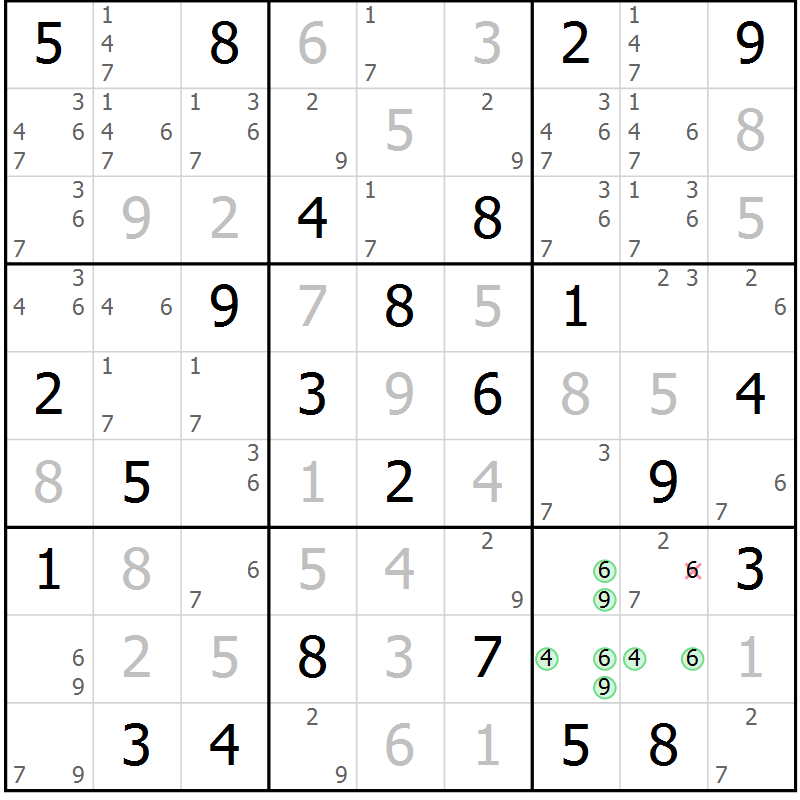 Position des candidats pour la solution de la Gr 84 page 87 du magazine de sudoku Virtuose n° 105