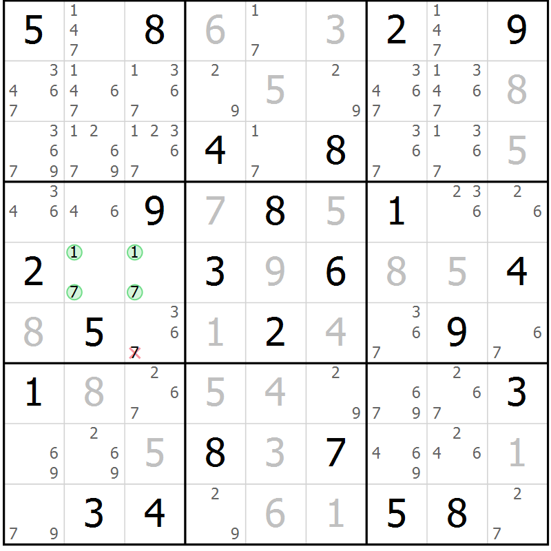 Position des candidats pour la solution de la Gr 84 page 87 du magazine de sudoku Virtuose n° 105