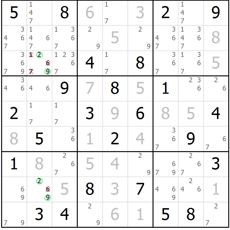 Position des candidats pour la solution de la Gr 84 page 87 du magazine de sudoku Virtuose n° 105