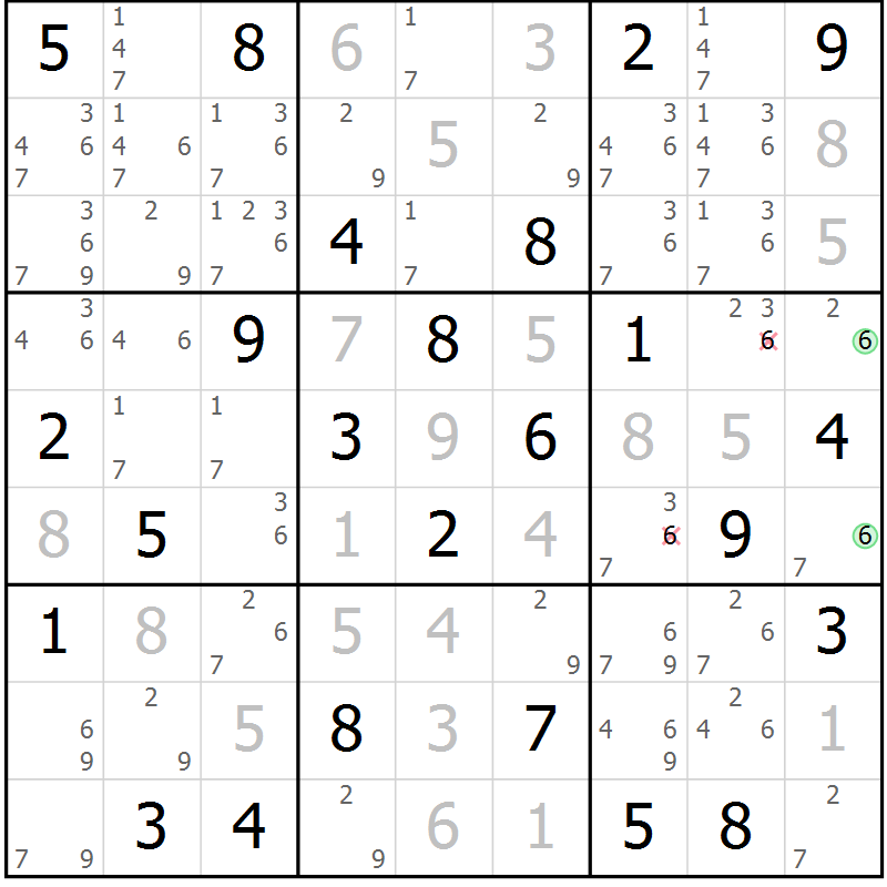 Position des candidats pour la solution de la Gr 84 page 87 du magazine de sudoku Virtuose n° 105
