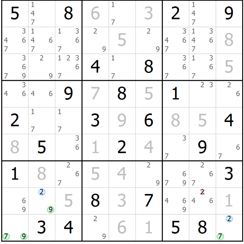Position des candidats pour la solution de la Gr 84 page 87 du magazine de sudoku Virtuose n° 105