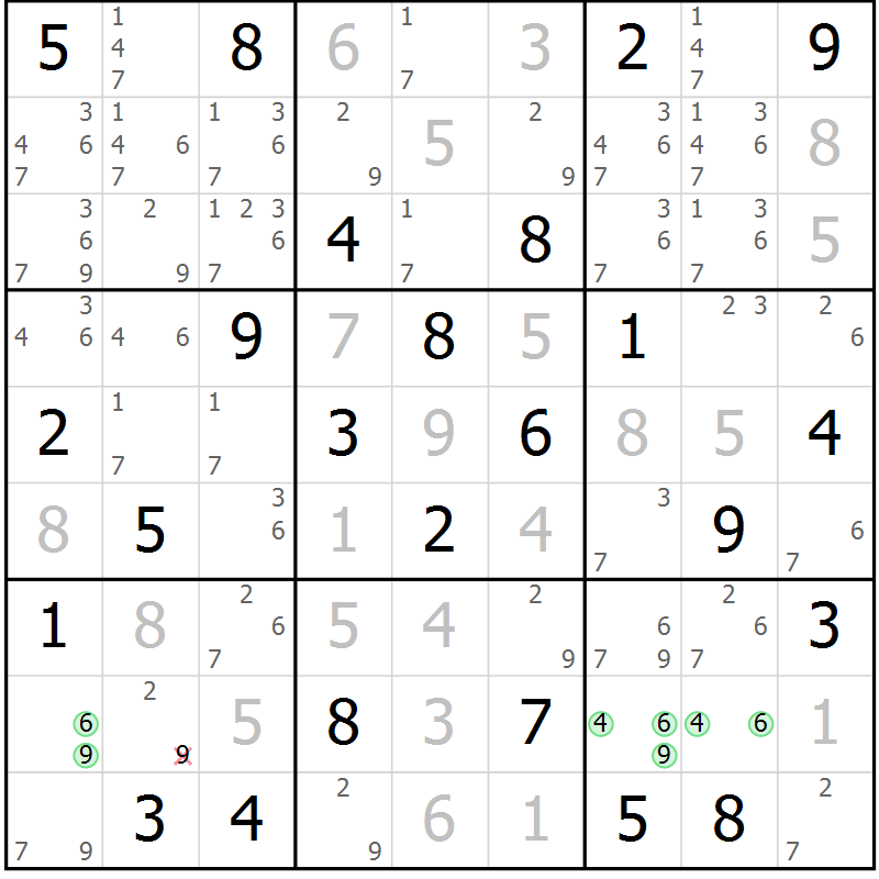 Position des candidats pour la solution de la Gr 84 page 87 du magazine de sudoku Virtuose n° 105