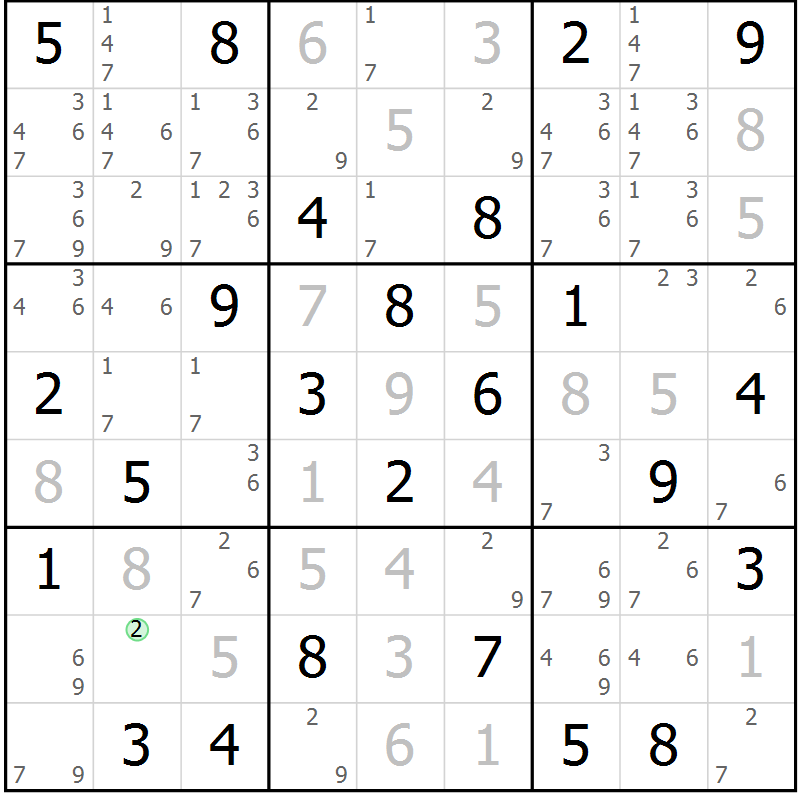 Position des candidats pour la solution de la Gr 84 page 87 du magazine de sudoku Virtuose n° 105
