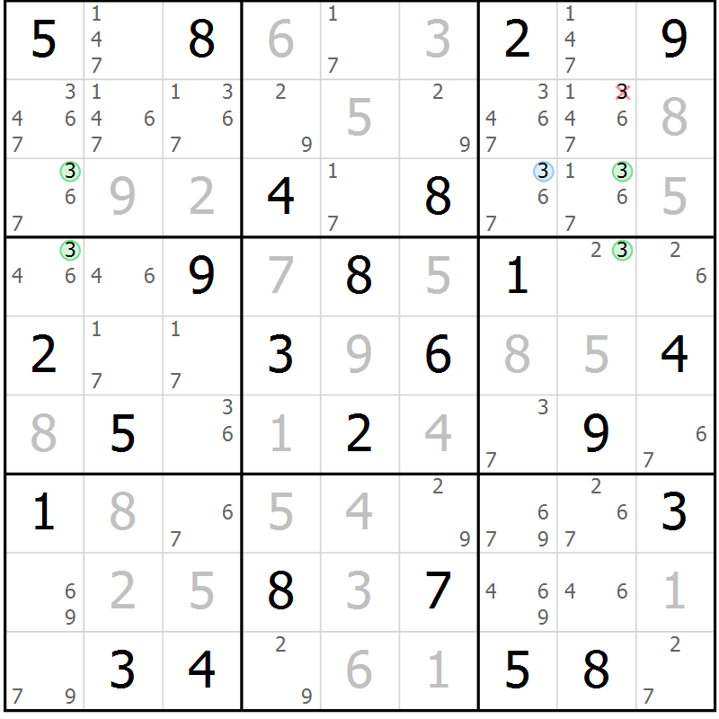 Position des candidats pour la solution de la Gr 84 page 87 du magazine de sudoku Virtuose n° 105