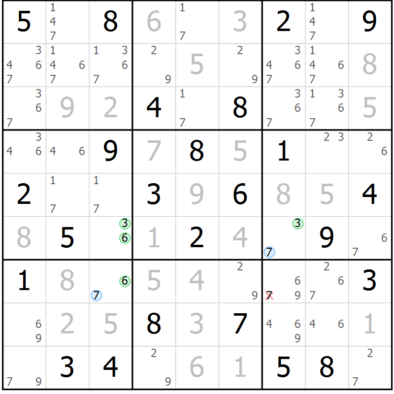 Position des candidats pour la solution de la Gr 84 page 87 du magazine de sudoku Virtuose n° 105